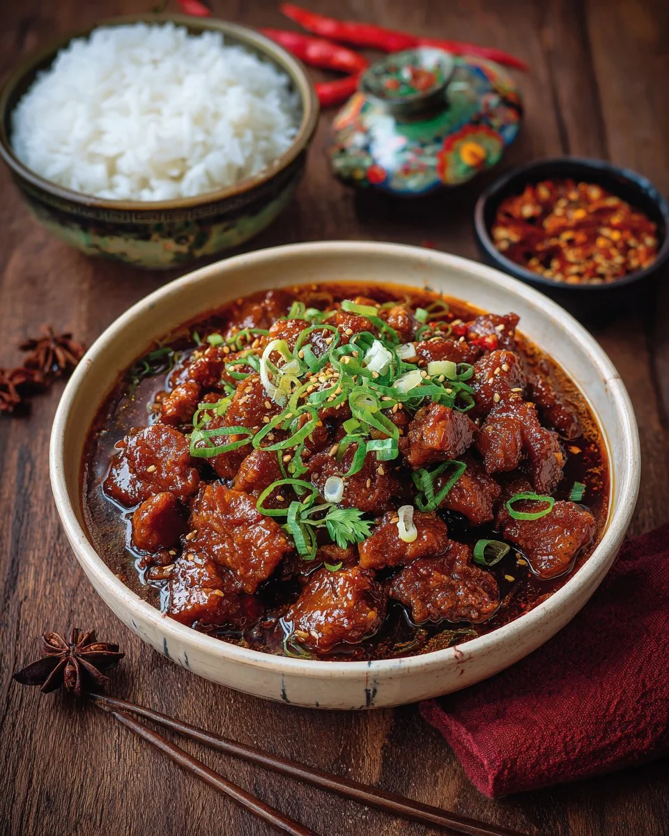 A plate of delicious Mongolian Chicken served with vegetables and rice