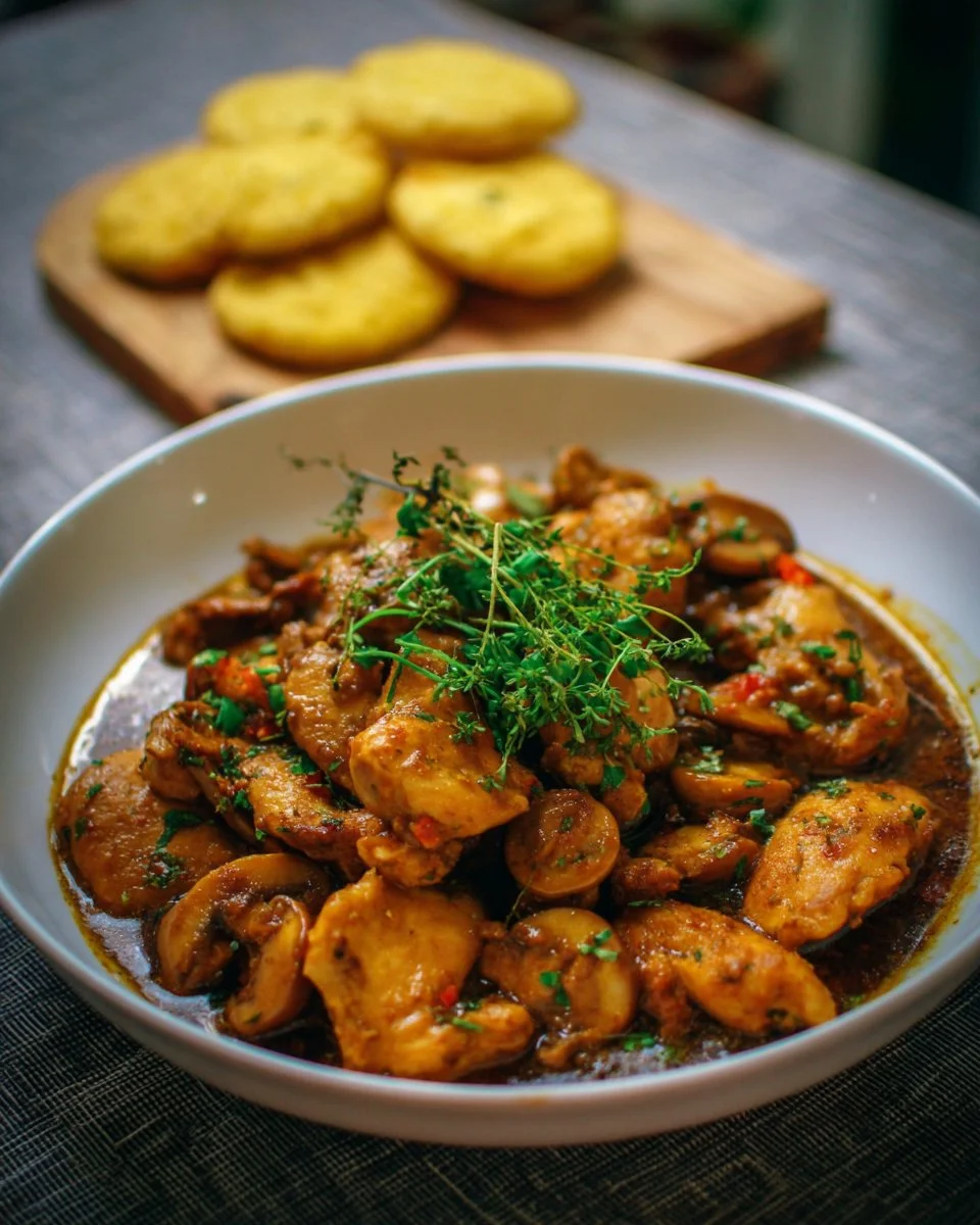 Delicious plate of mushroom chicken with creamy sauce and garnished herbs.