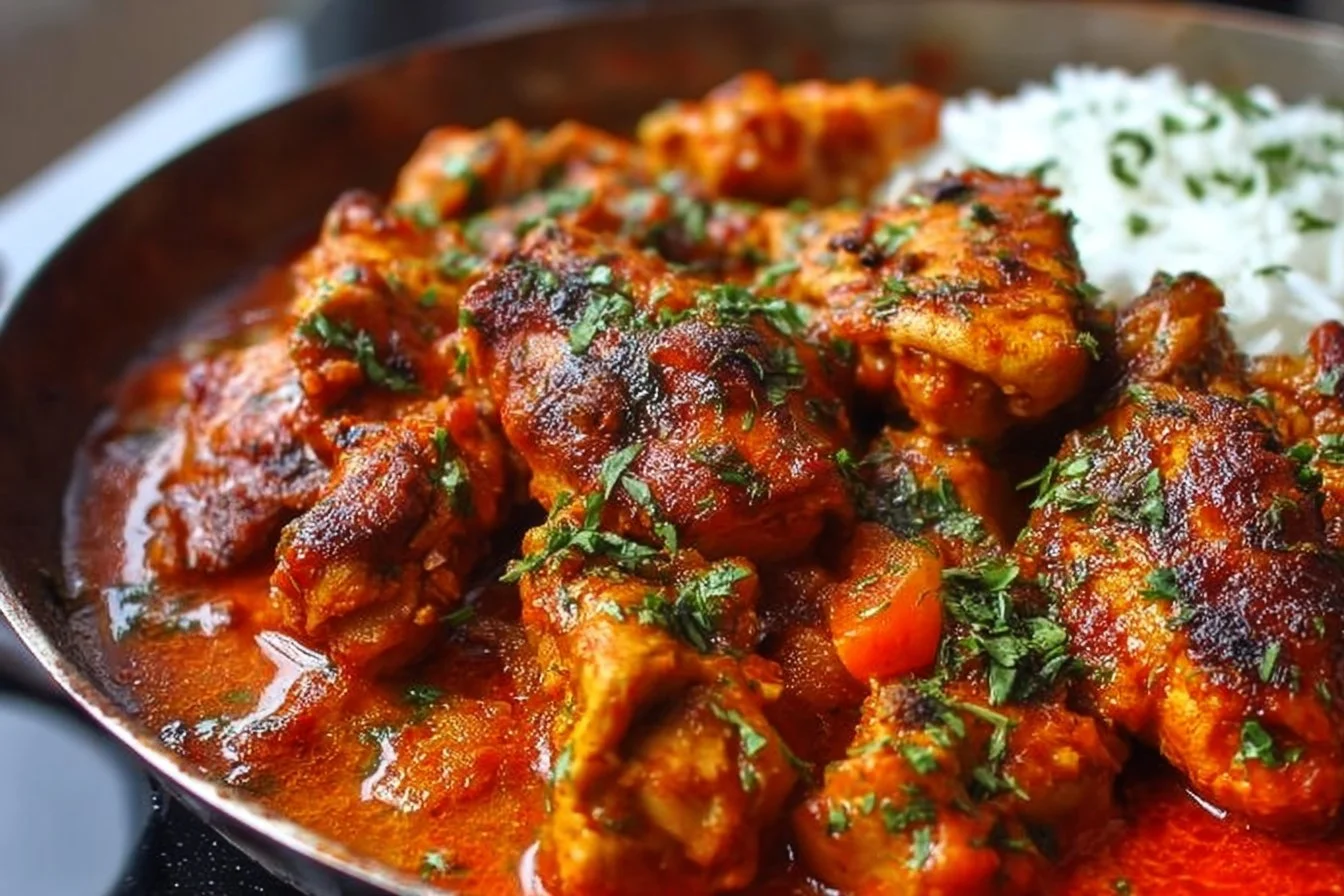 A bowl of Nigerian Chicken Stew garnished with fresh herbs and spices.