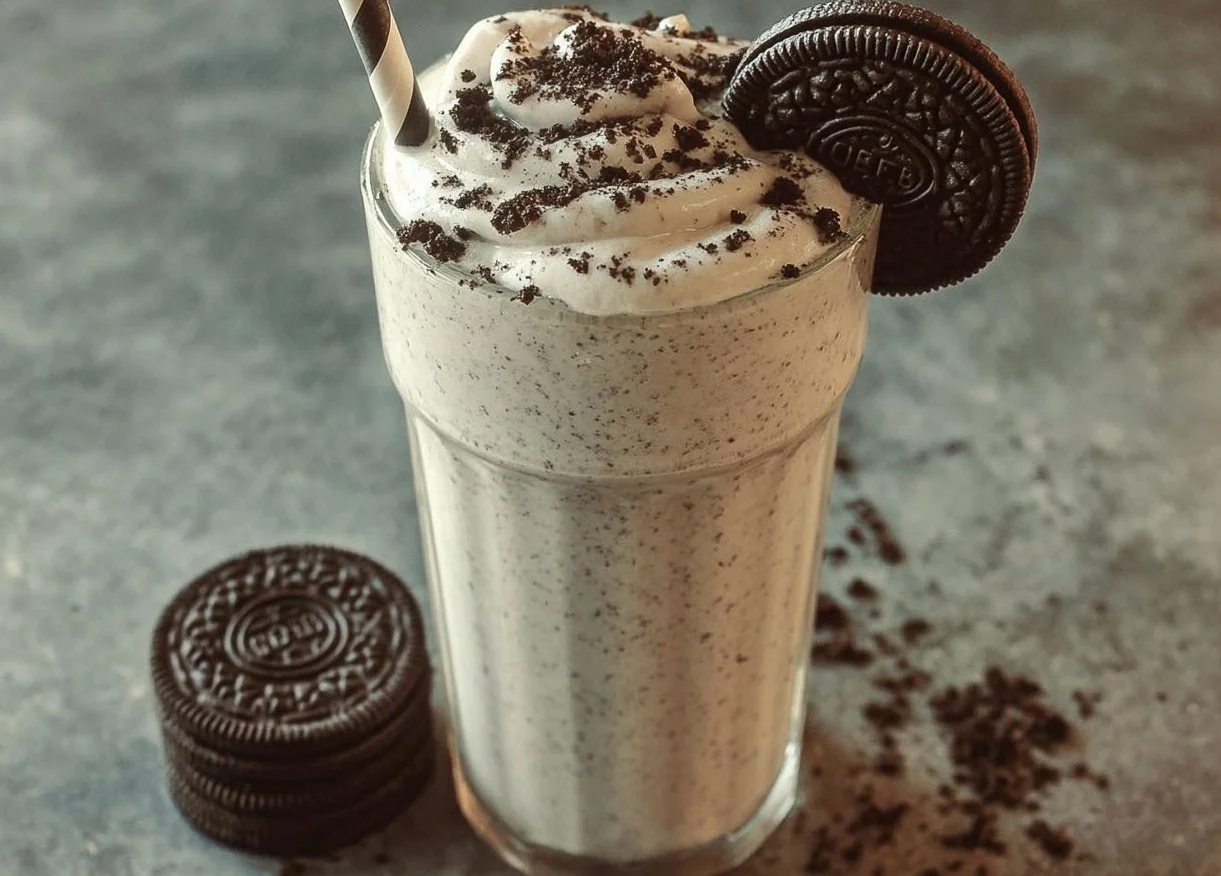 Delicious Oreo Milkshake topped with whipped cream and crushed Oreo cookies