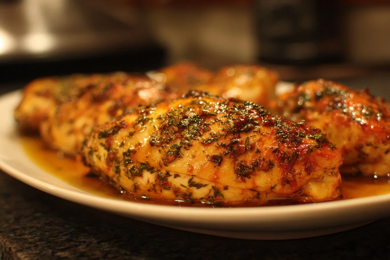 Juicy oven baked chicken breasts seasoned with herbs and spices.