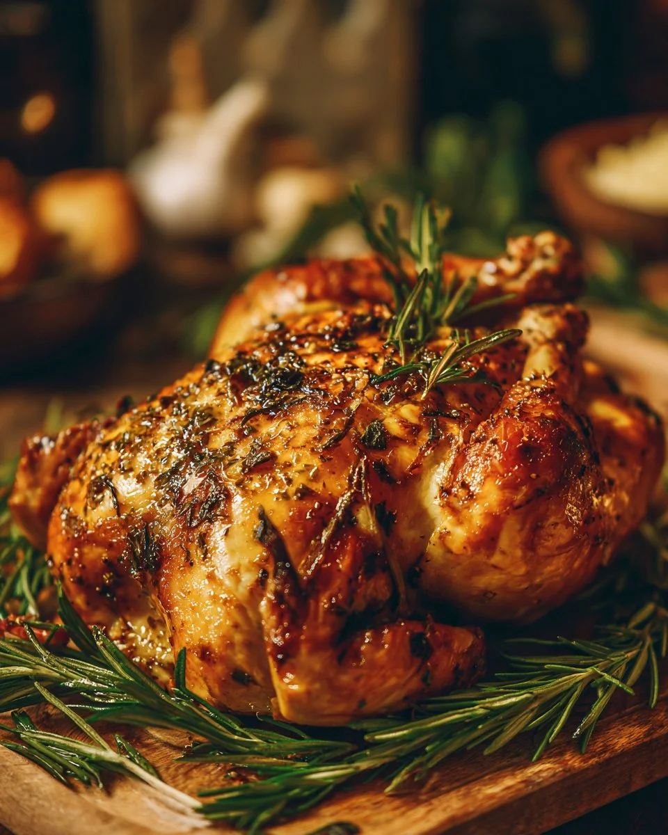 Oven roasted chicken served with herbs and vegetables on a platter.