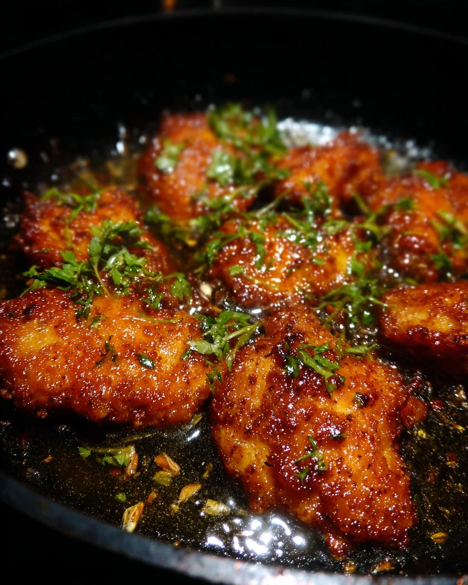 Deliciously crispy pan fried chicken served with herbs and spices