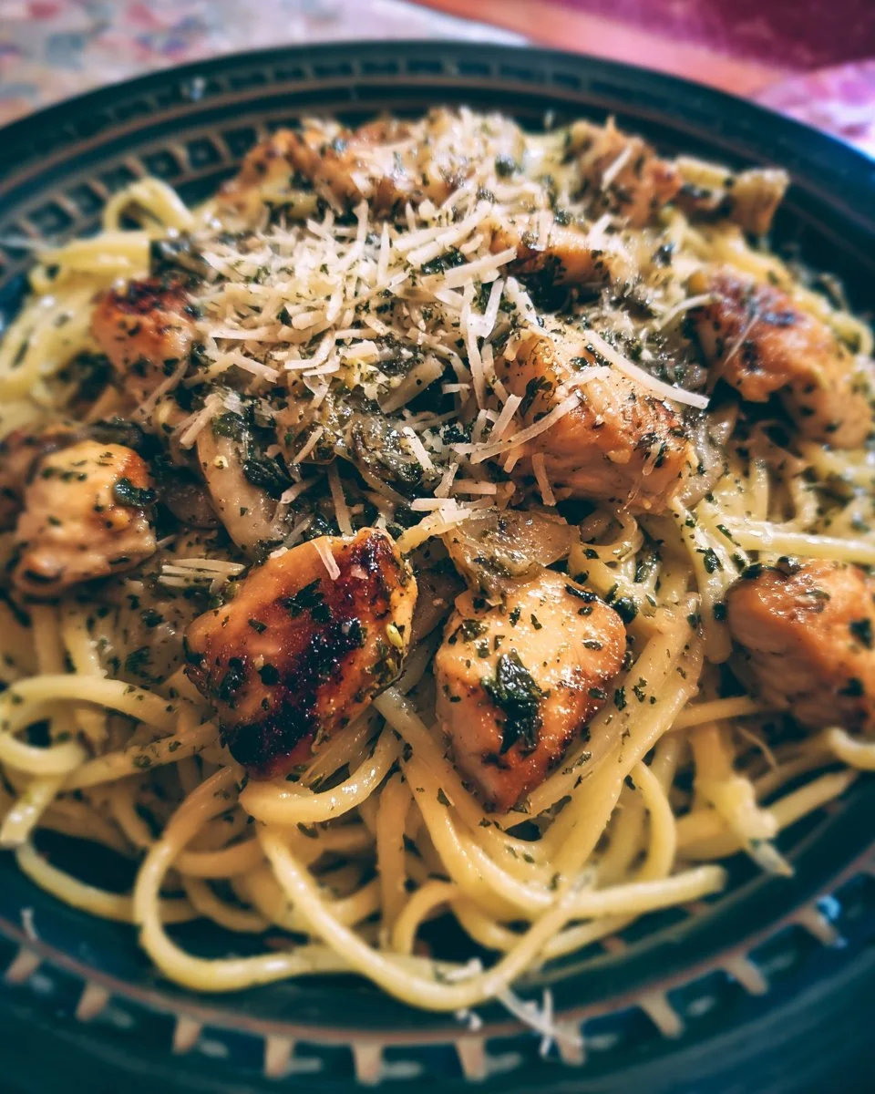 Delicious Parmesan Garlic Chicken Pasta served in a bowl