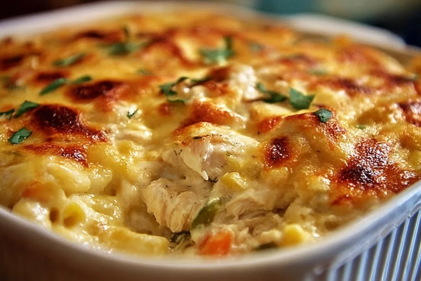 Delicious Paula Deen's Amazing Chicken Casserole topped with crunchy breadcrumbs