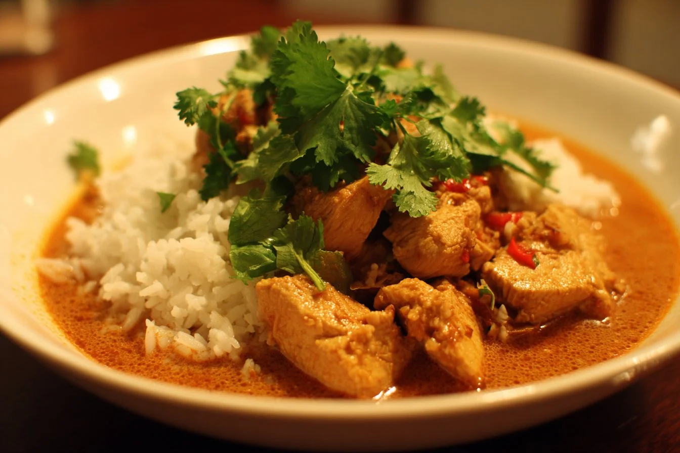 Delicious Red Curry Chicken served with rice and fresh herbs