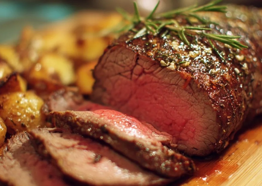 Succulent roast beef served with vegetables and gravy on a plate
