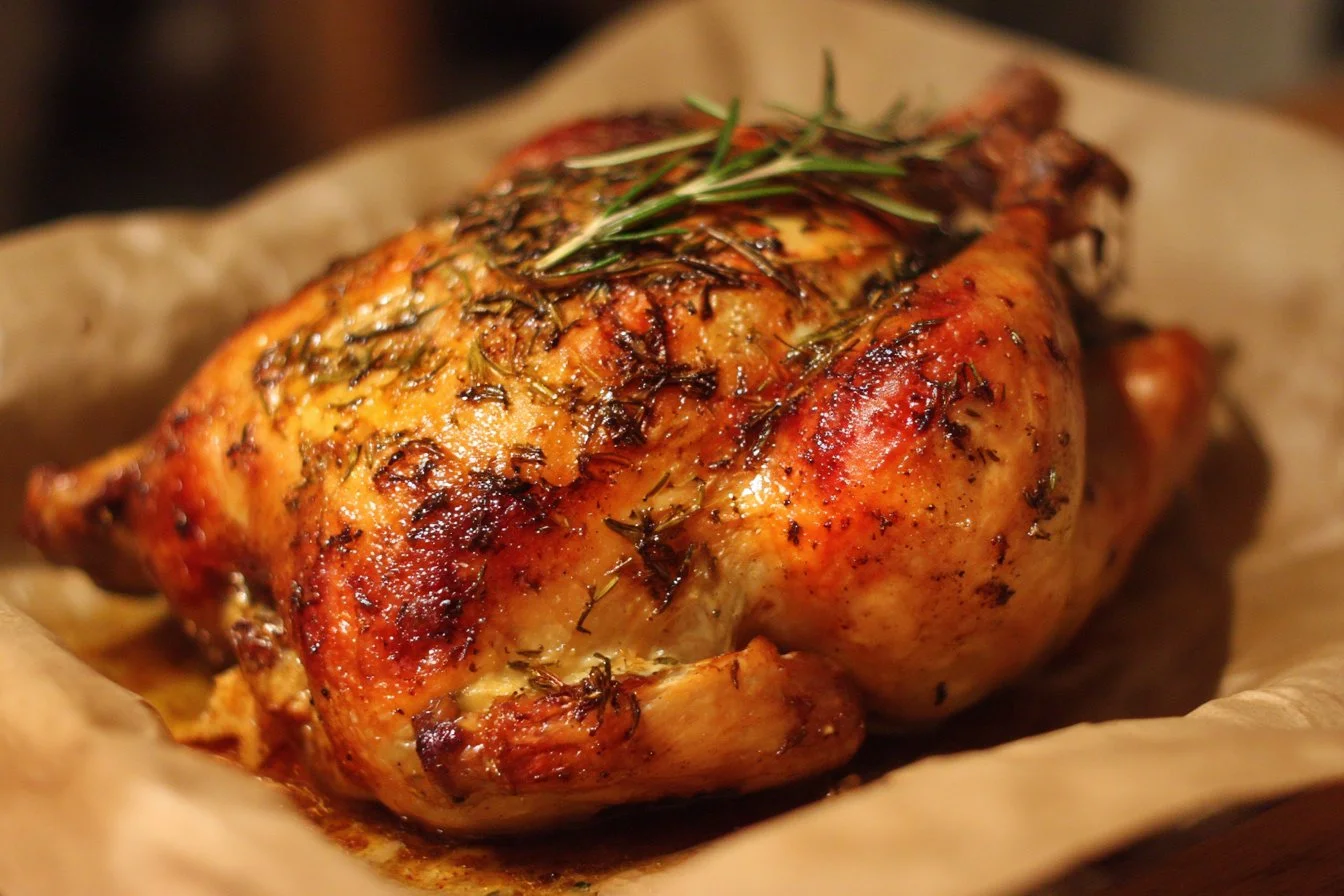 Golden brown roasted chicken served with herbs and vegetables