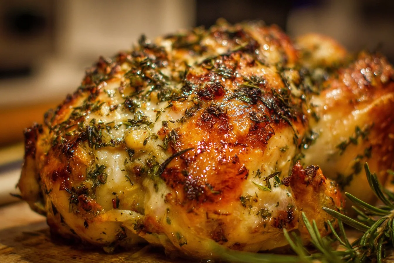 Delicious rotisserie chicken served with fresh herbs and vegetables