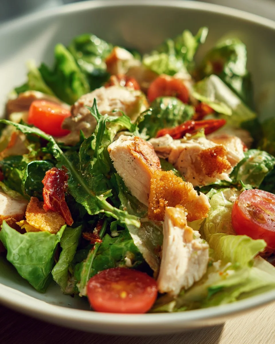 Healthy rotisserie chicken salad with fresh vegetables and dressing