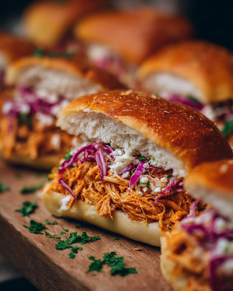 Delicious shredded chicken sandwiches served with fresh toppings