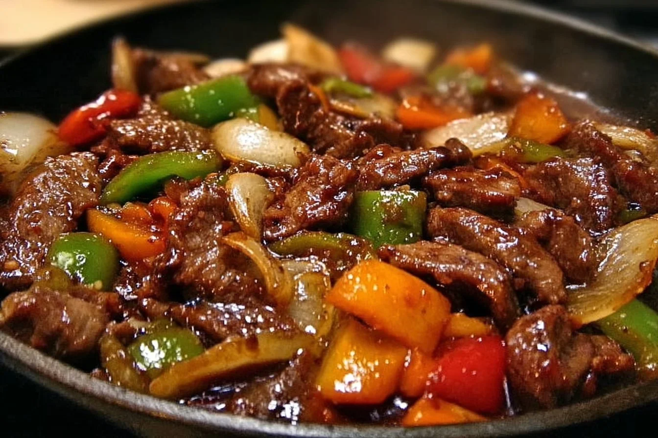 Sizzling Chinese pepper steak with onions served on a plate