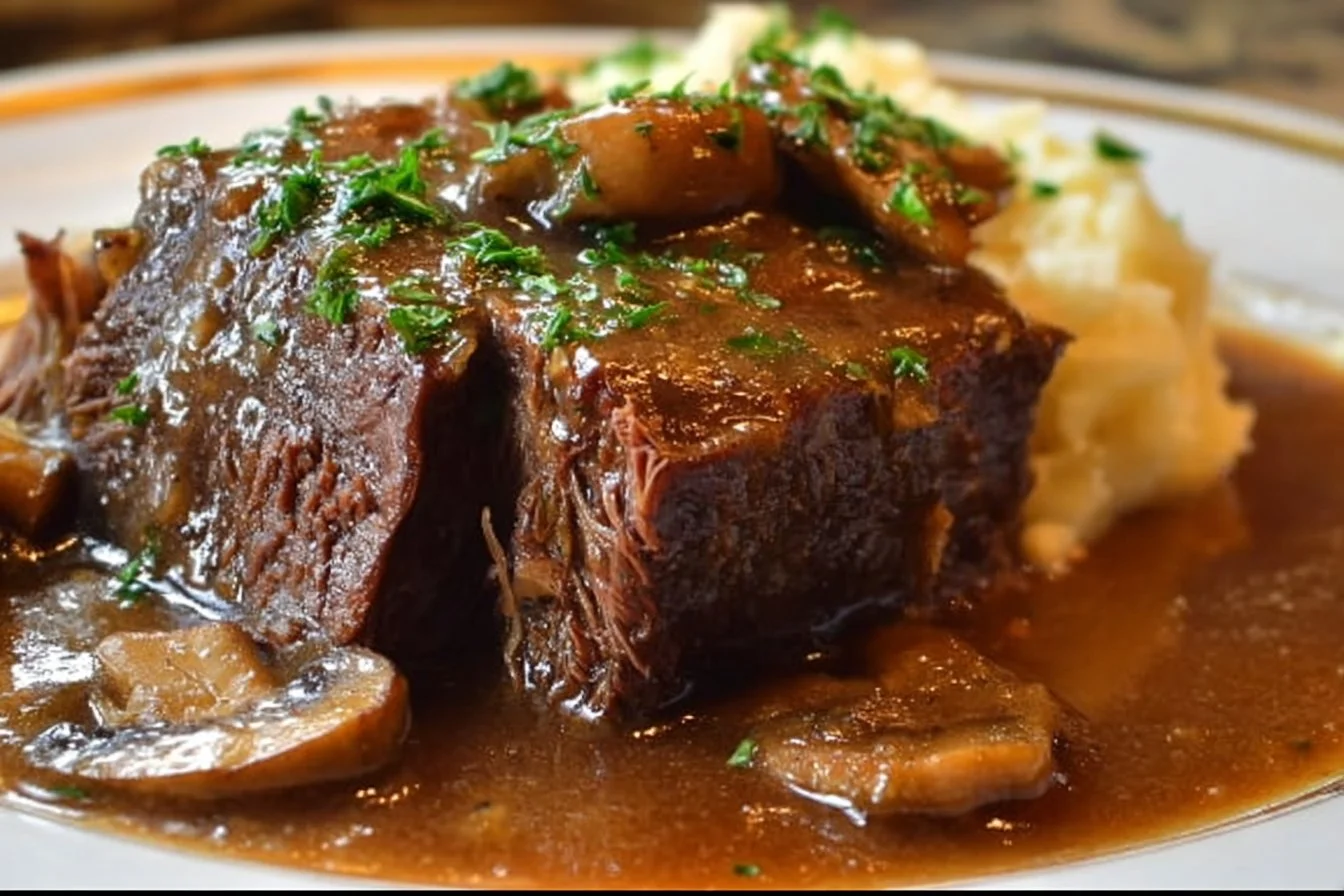 Plate of slow-cooked beef with rich gravy served with mashed potatoes