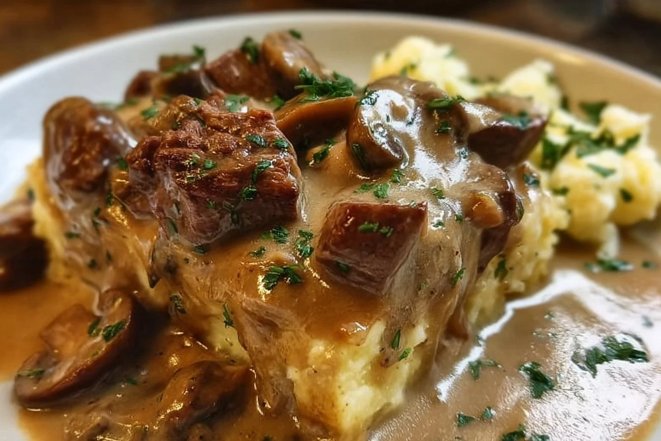 Delicious slow cooked Steak Diane casserole served in a bowl.