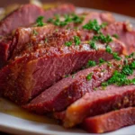 Delicious slow cooker corned beef with vegetables served on a plate