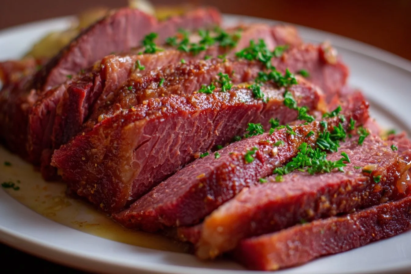Delicious slow cooker corned beef with vegetables served on a plate