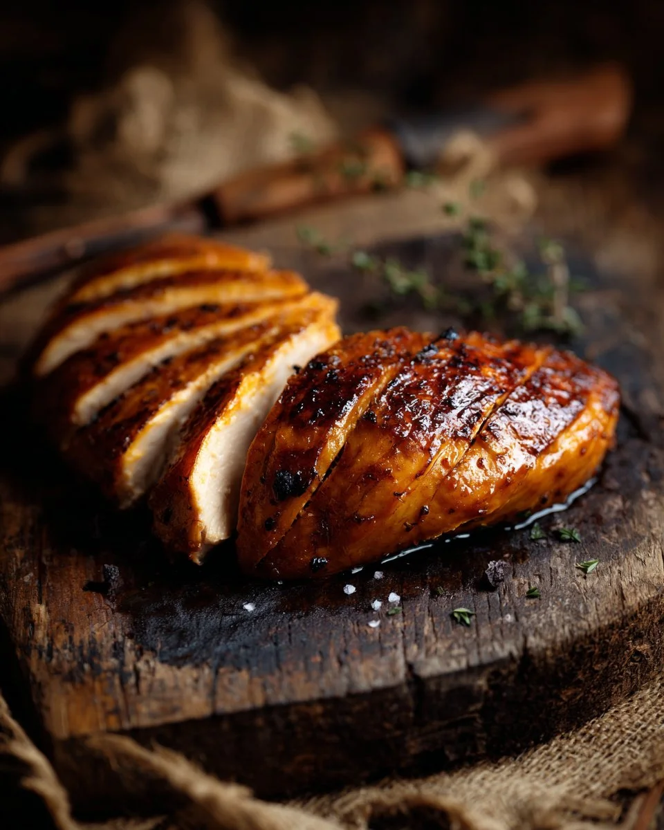 Delicious smoked chicken breast garnished with herbs on a wooden cutting board