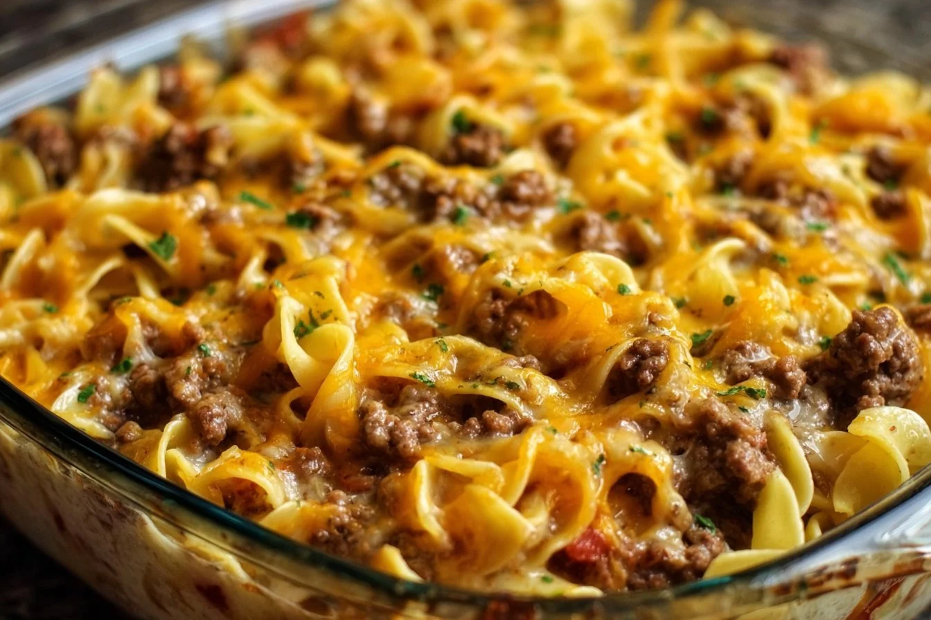 Delicious Sour Cream Beef Noodle Casserole topped with cheese and herbs