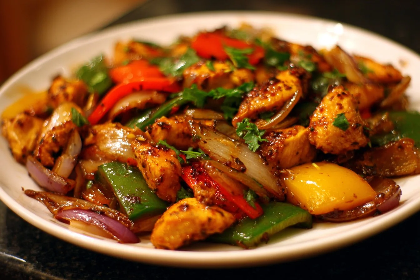Plate of colorful Stir Fry Chicken with vegetables and rice