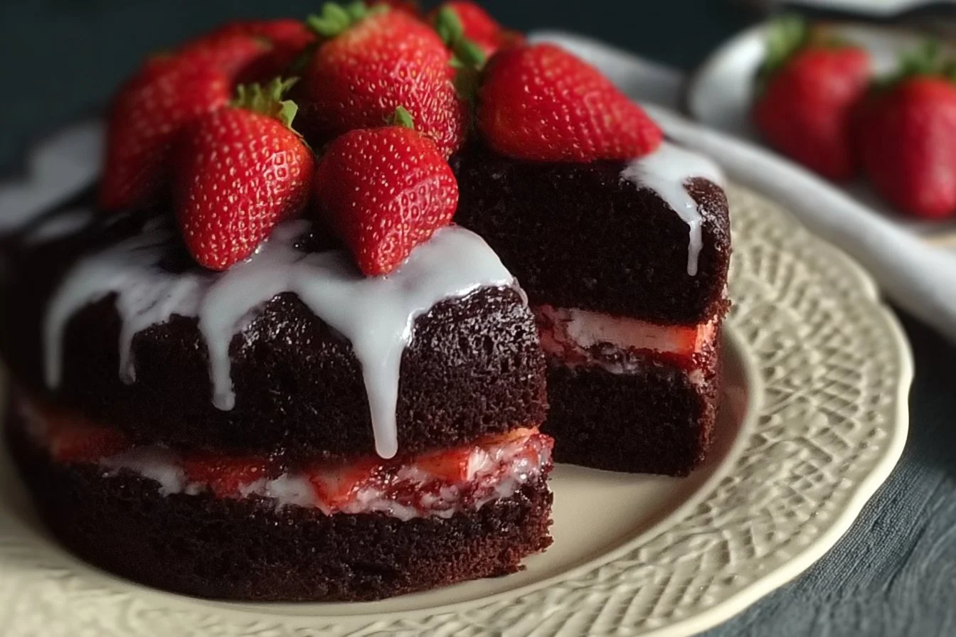 Delicious Strawberry Chocolate Cake topped with fresh strawberries and chocolate frosting