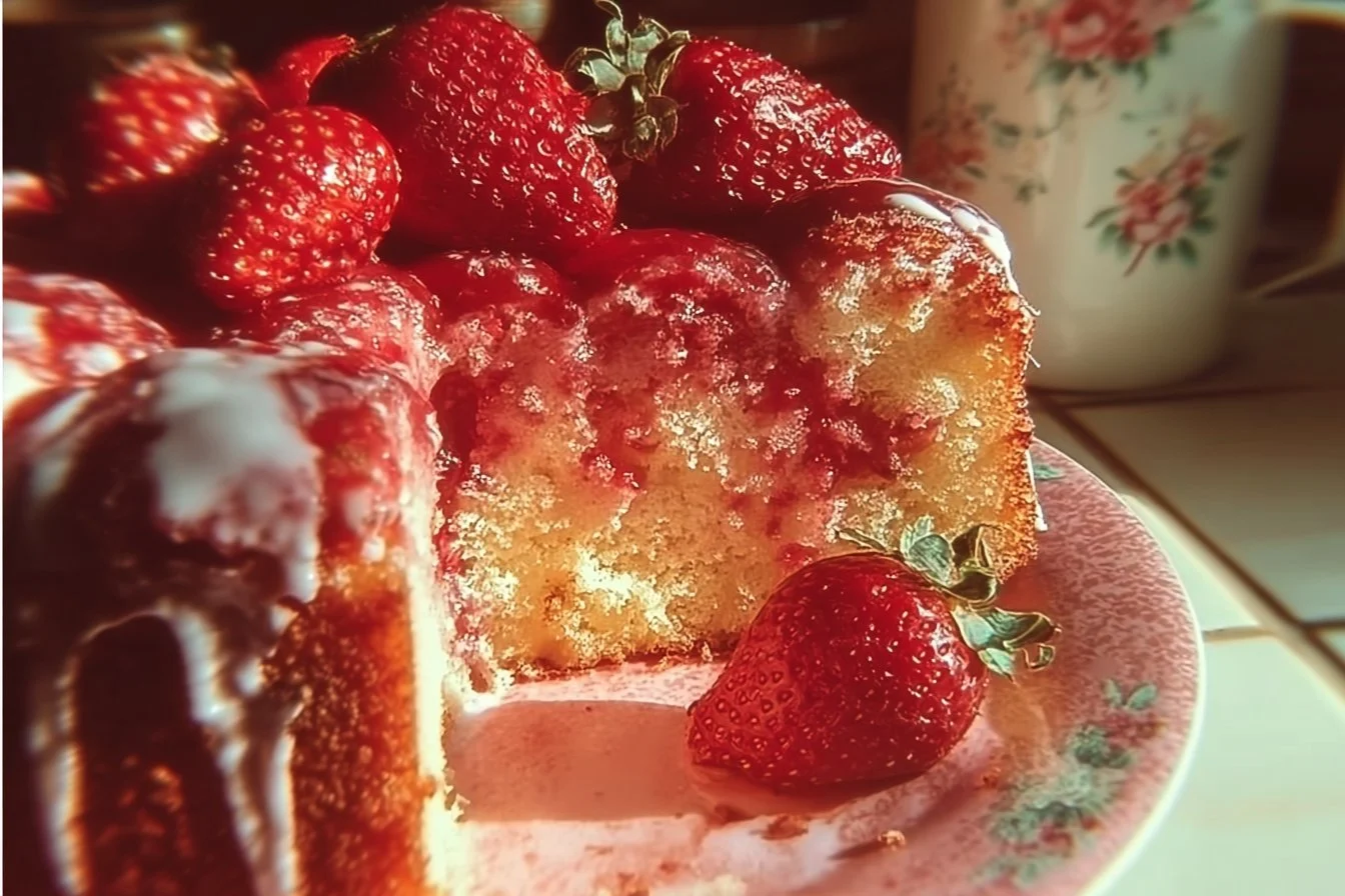Strawberry Honeybun Cake topped with fresh strawberries and icing