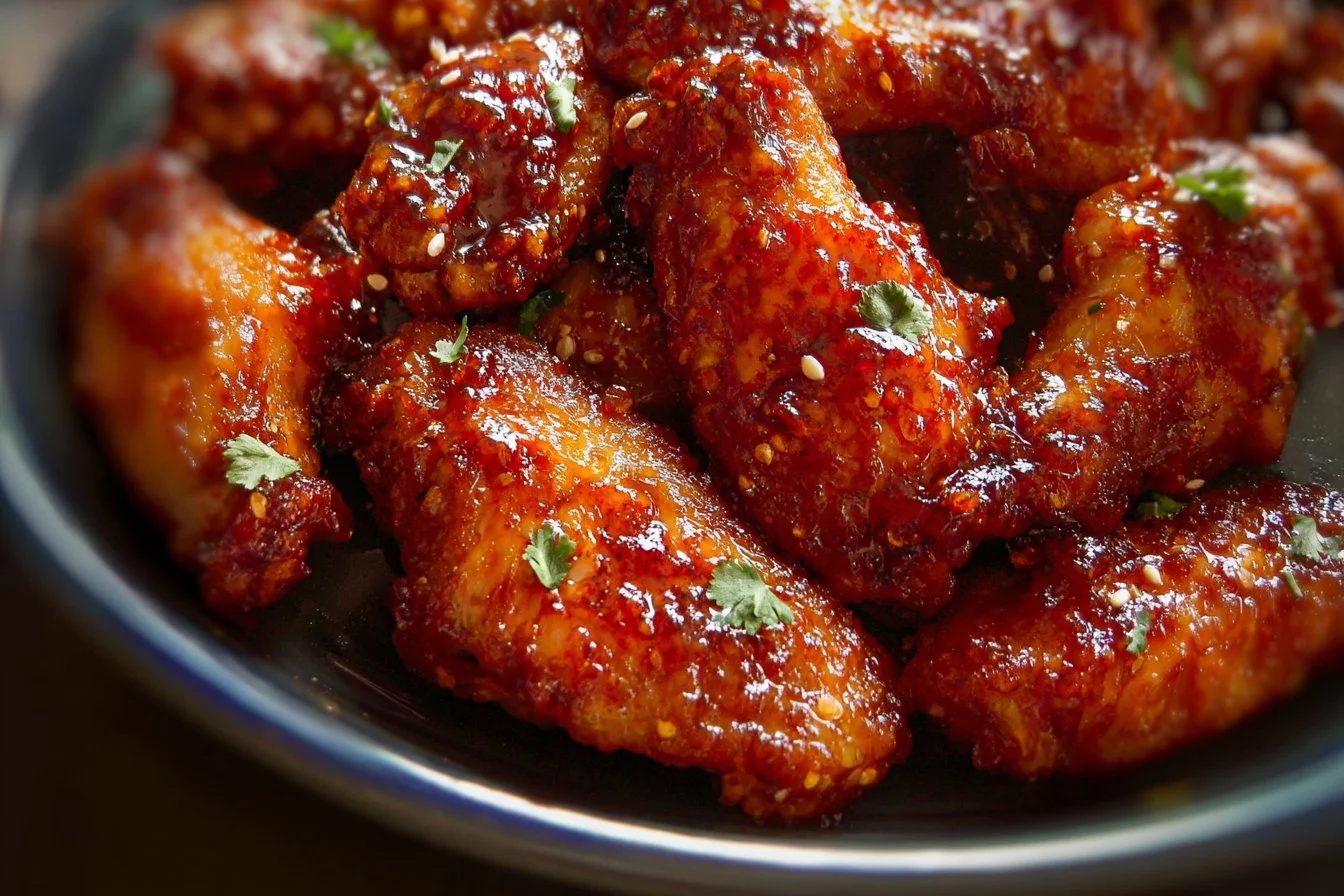 Delicious sweet and spicy chicken wings garnished with herbs