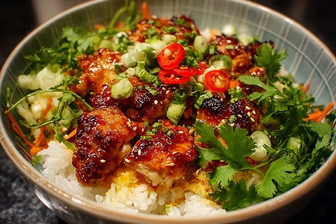Delicious Sweet Chili Chicken Rice Bowls with vibrant vegetables and rice