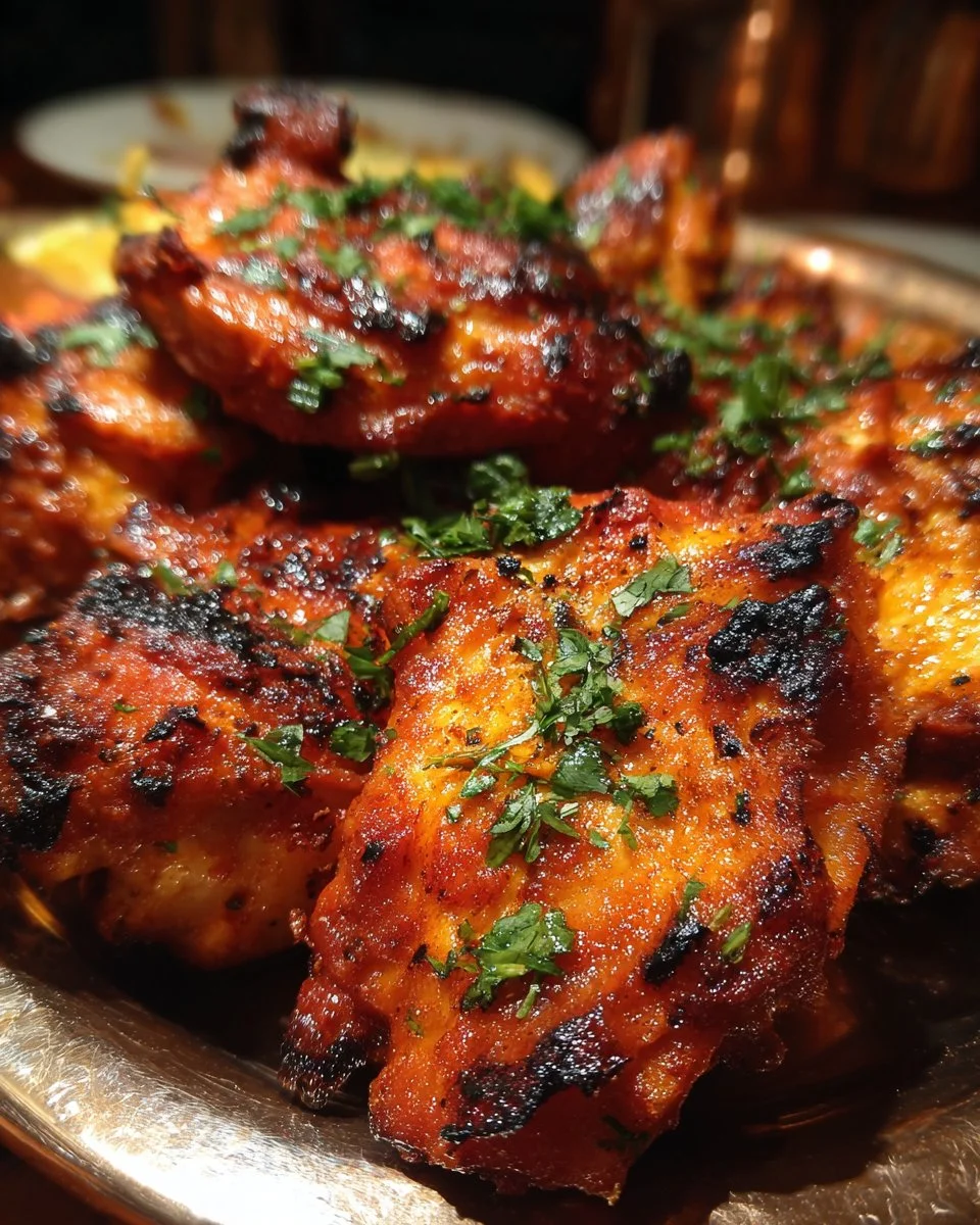Plate of delicious Tandoori Chicken garnished with herbs and spices