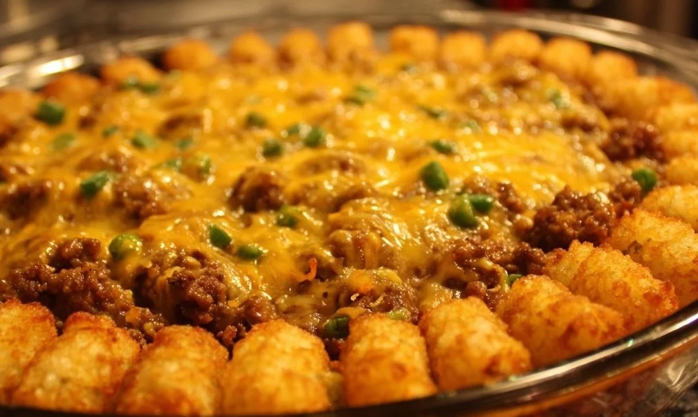 Delicious Tater Tot Casserole with Ground Beef topped with cheese and herbs