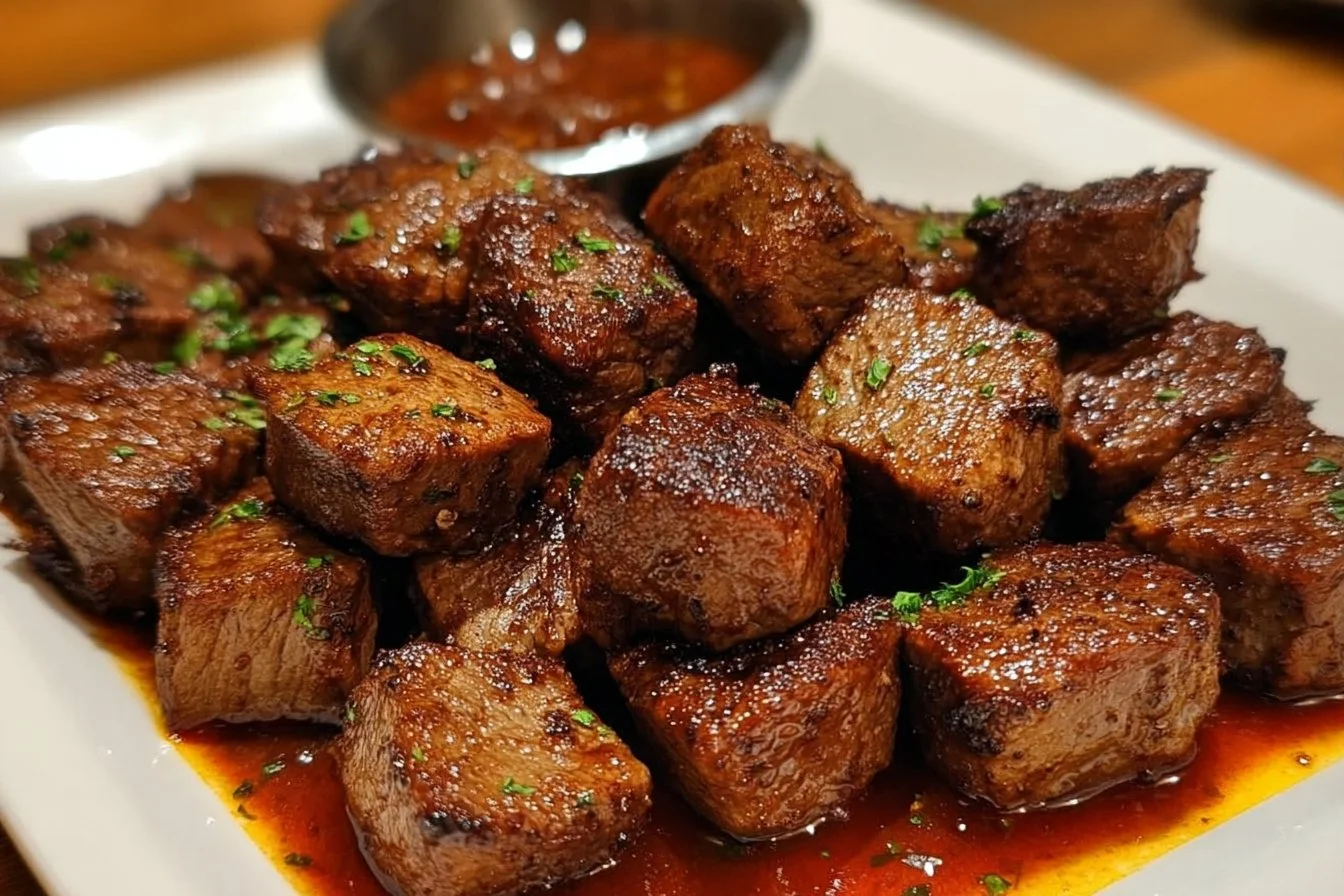 Delicious Texas Roadhouse steak bites served on a platter with herbs and spices.
