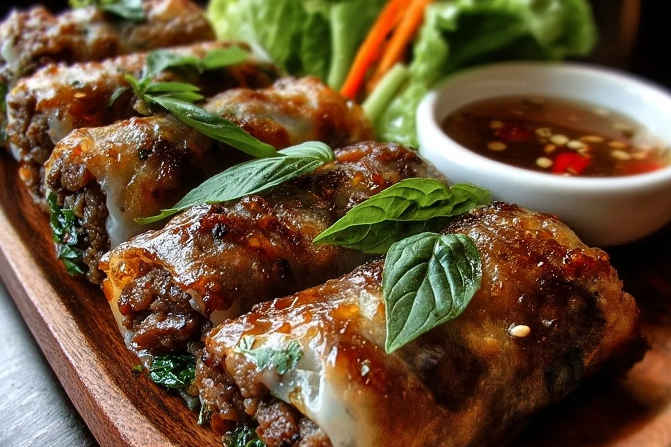 Delicious Thai Basil Beef Rolls showcasing fresh herbs and beef.