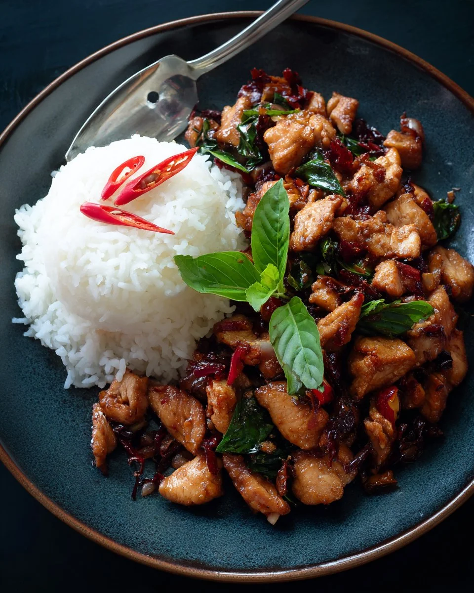 Delicious Thai Basil Chicken served with vibrant vegetables and rice