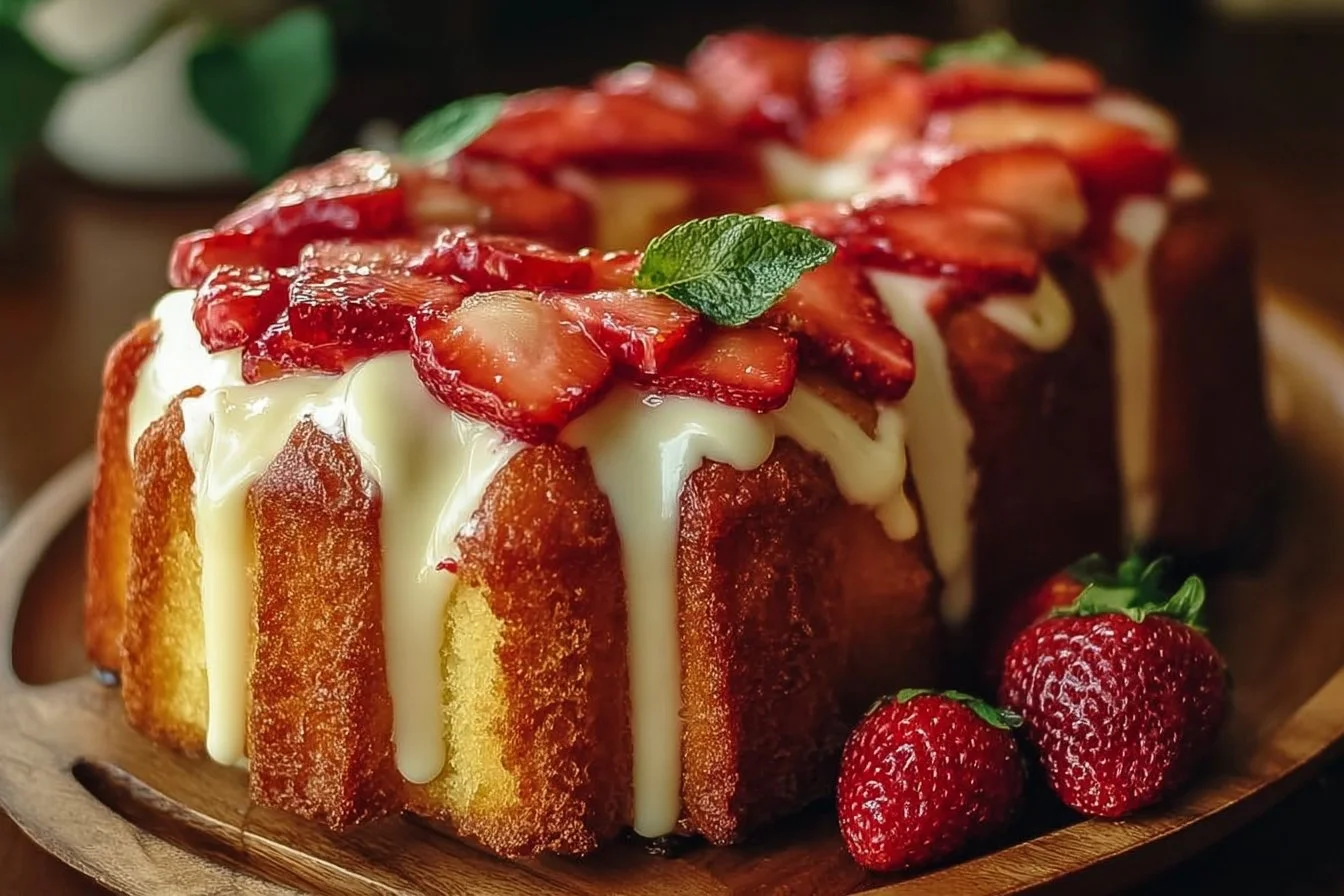 Delicious strawberry cream cheese pound cake adorned with fresh strawberries.