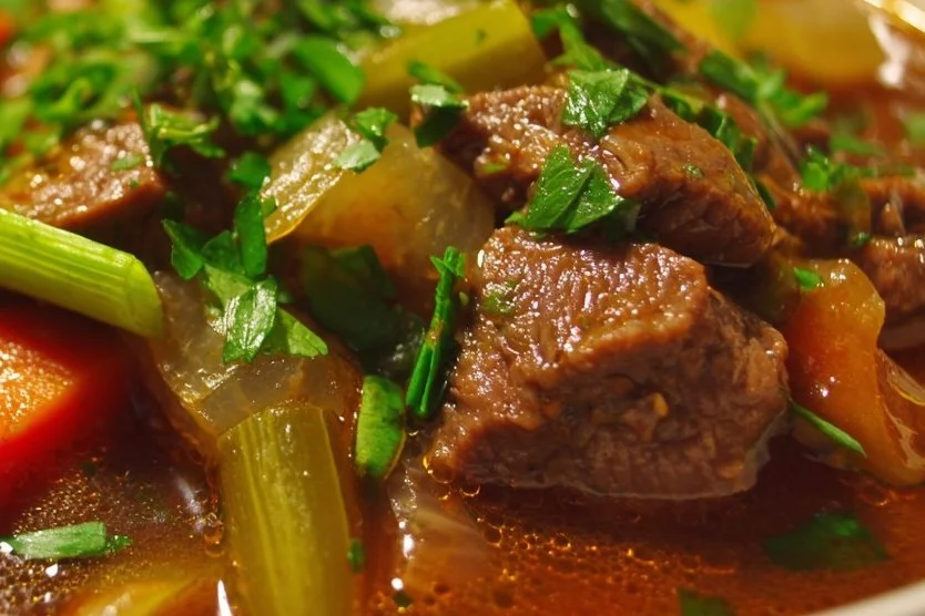 Delicious bowl of homemade Vegetable Beef Soup with fresh vegetables and beef