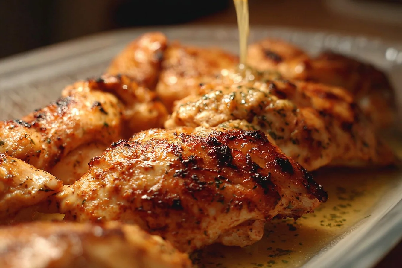 Delicious yogurt marinated chicken dish garnished with herbs on a plate