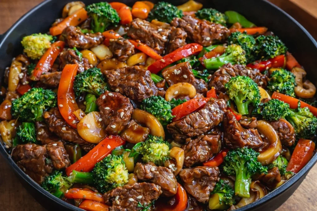 Delicious Asian Beef Stir-Fry loaded with colorful vegetables and tender beef slices.