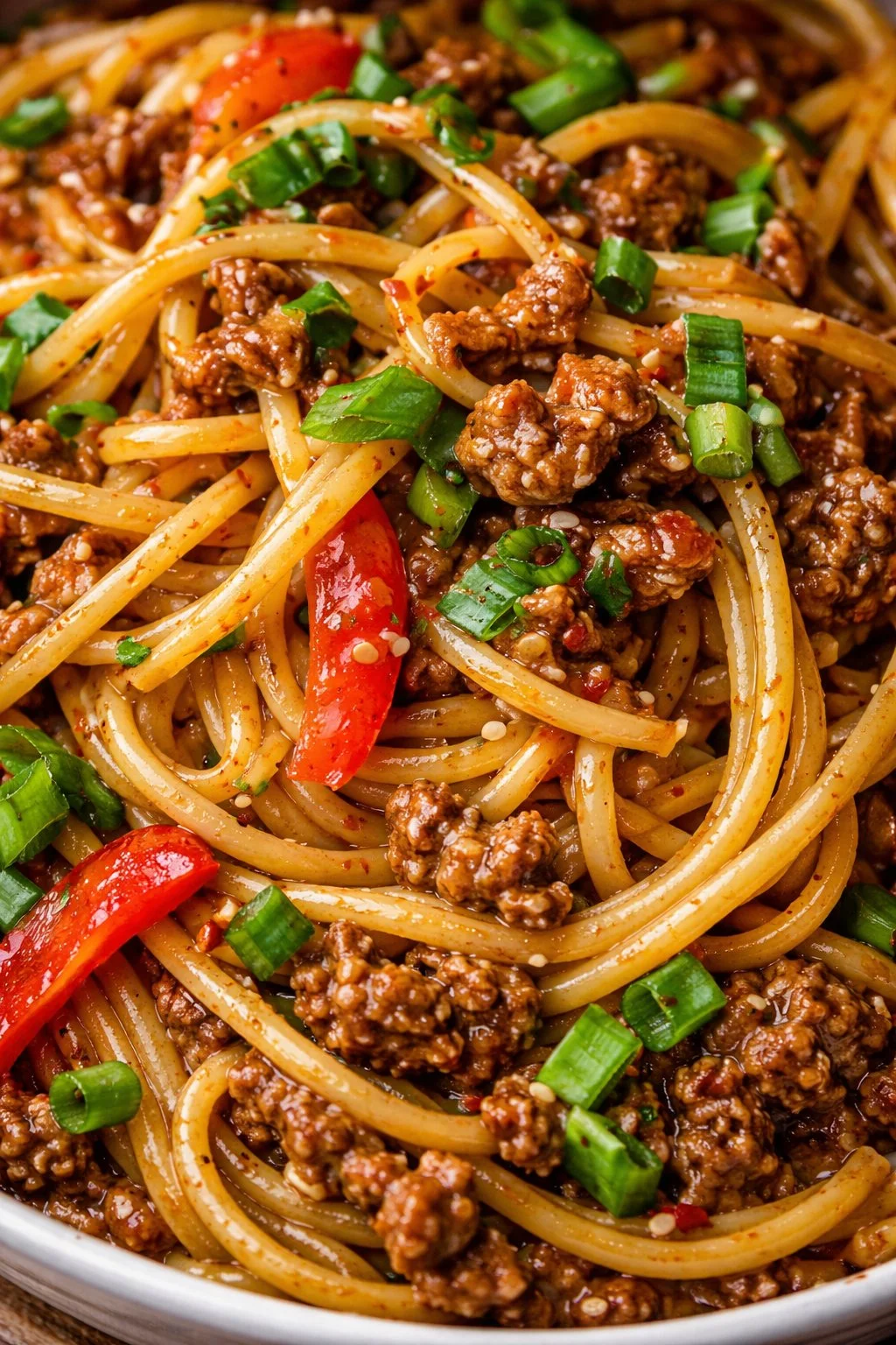 Asian ground beef sizzling in a skillet with vegetables and spices.