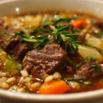 Bowl of hearty Beef and Barley Soup with vegetables and herbs