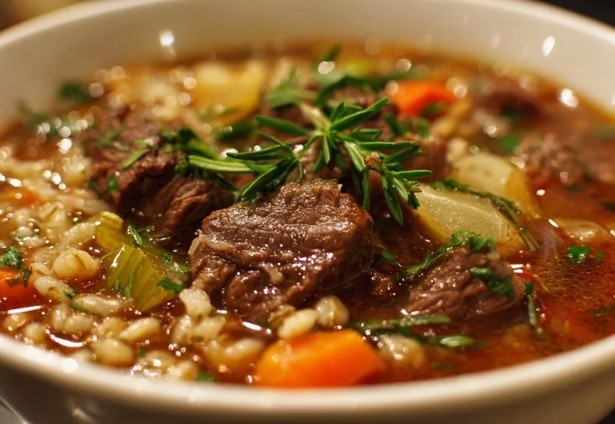 Bowl of hearty Beef and Barley Soup with vegetables and herbs