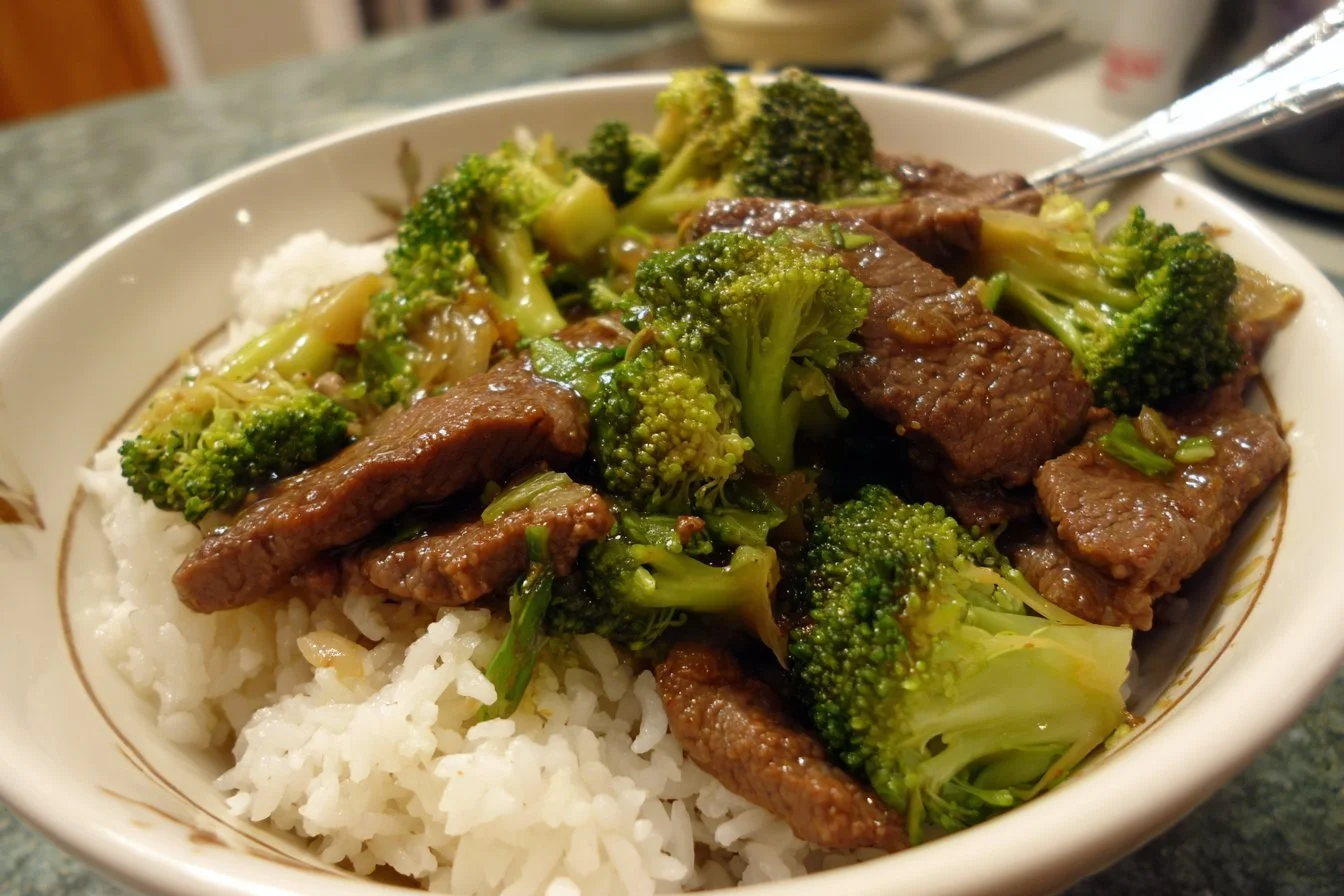 Plate of savory beef and broccoli stir-fry with vibrant vegetables
