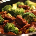 Beef and broccoli crock pot dish served in a bowl