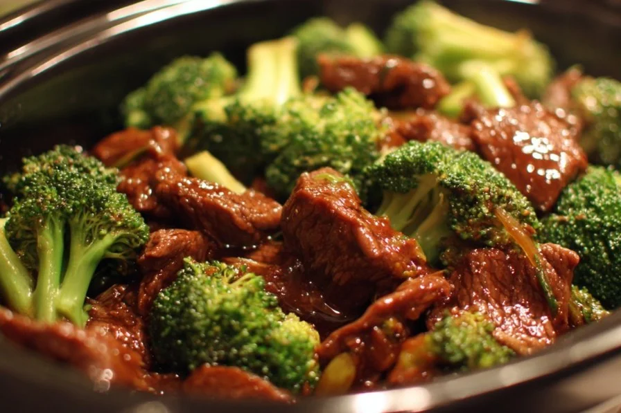 Beef and broccoli crock pot dish served in a bowl