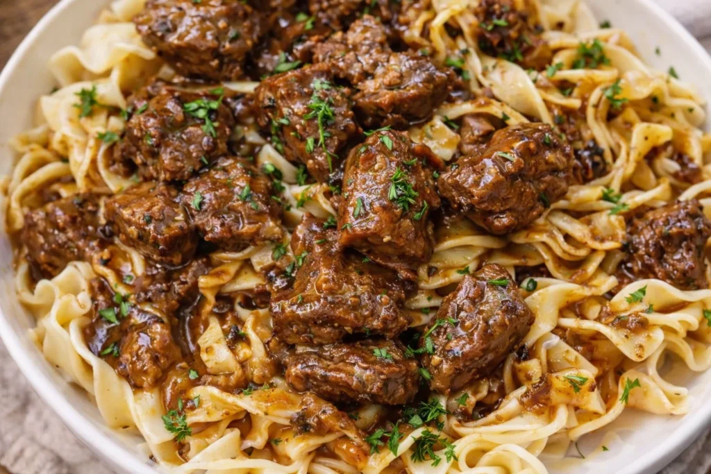 Plate of flavorful beef noodles garnished with herbs and vegetables