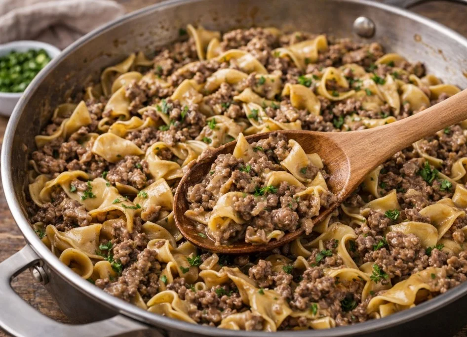 Delicious bowl of beef and noodles garnished with herbs