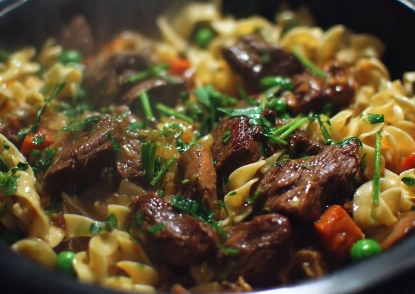 Crockpot beef and noodles in a white bowl garnished with herbs