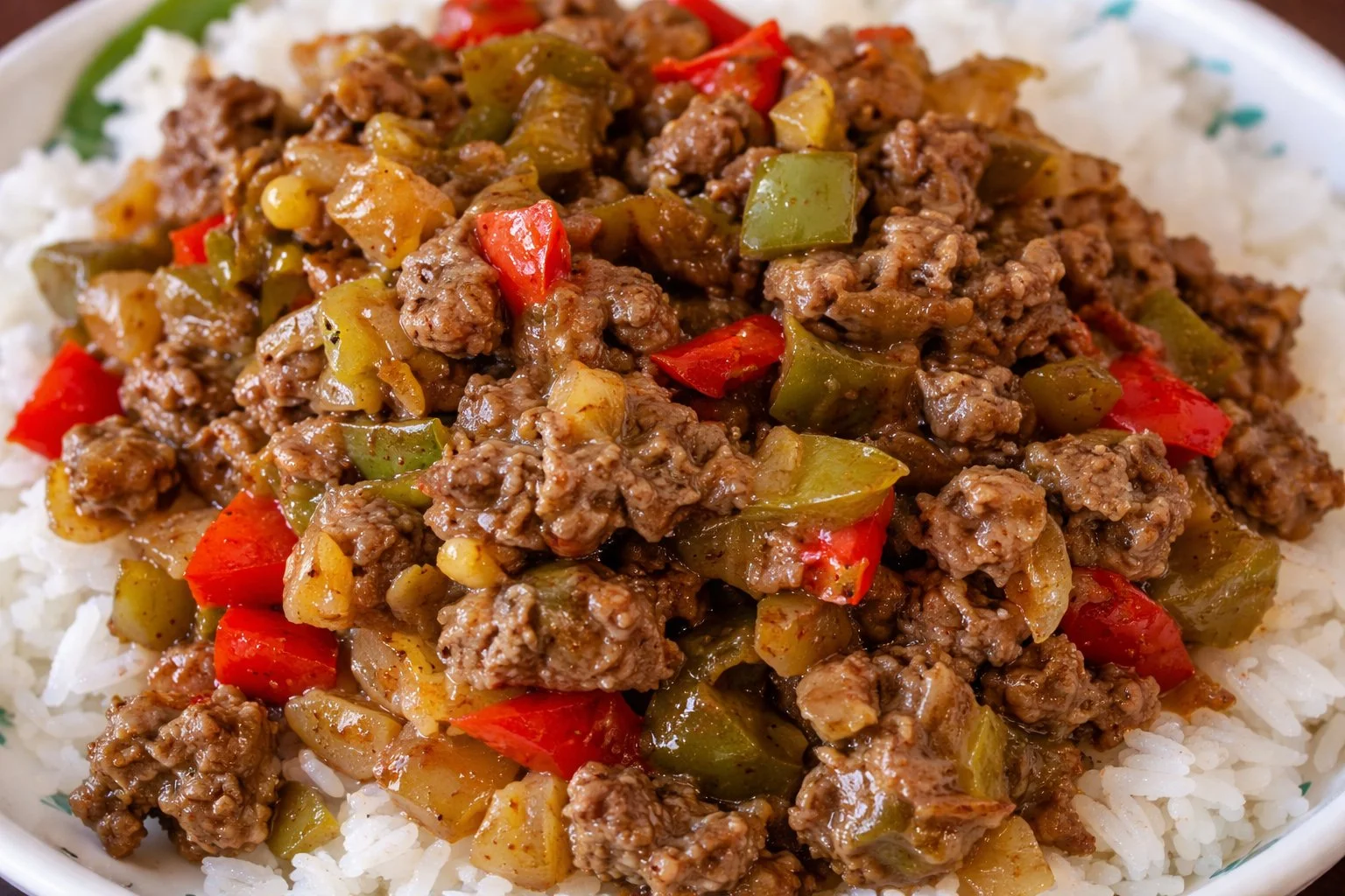 Delicious Beef and Pepper Rice Bowl served in a bowl with colorful vegetables.