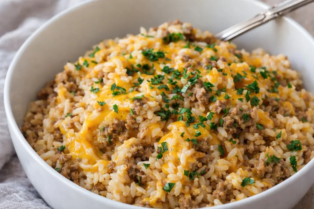 A flavorful plate of beef and rice garnished with vegetables.