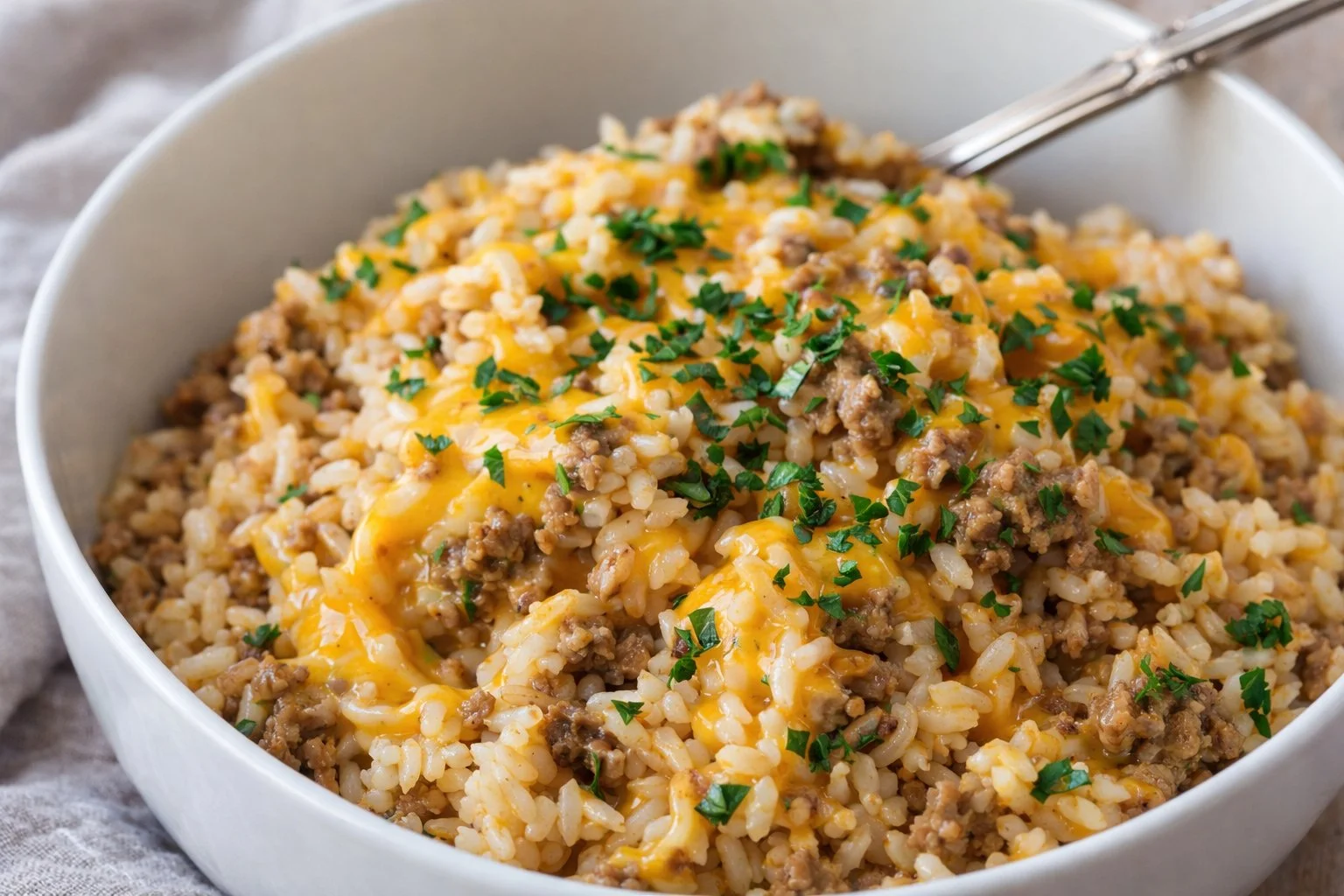 A flavorful plate of beef and rice garnished with vegetables.