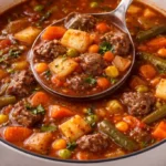 Bowl of hearty Beef Vegetable Soup with tender beef and fresh vegetables