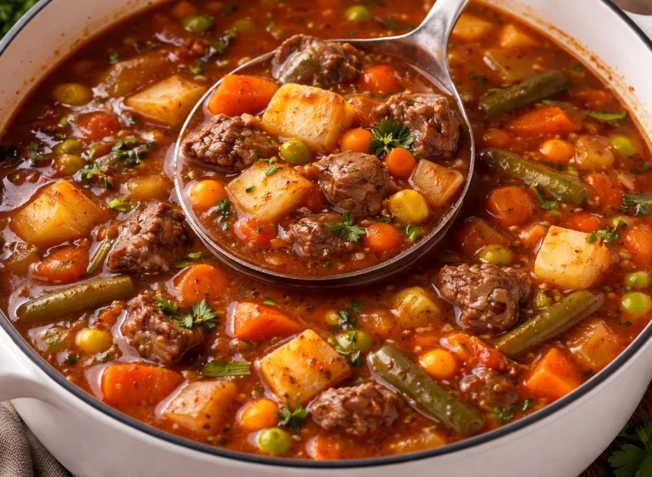 Bowl of hearty Beef Vegetable Soup with tender beef and fresh vegetables